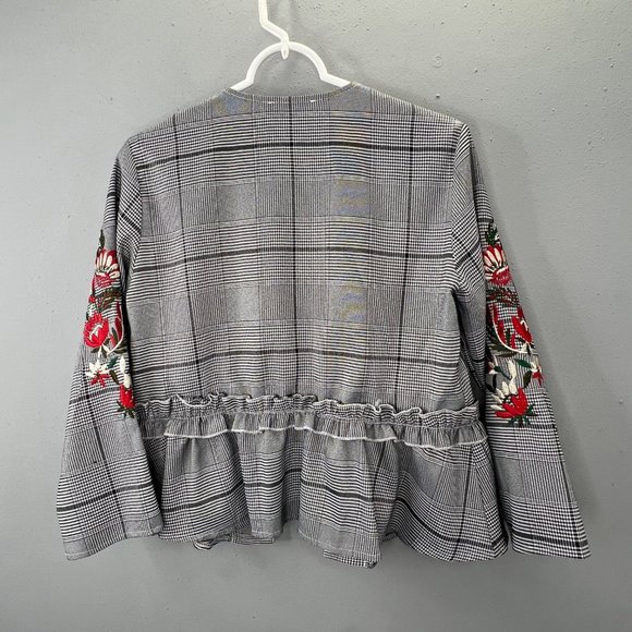 Mulaya Open Front Blazer Jacket M Black Plaid Peplum Embroidered Floral Sleeves - Picture 7 of 10